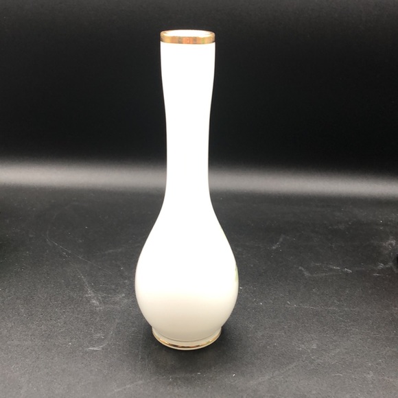 Unique Hand Painted Chinese Landscape Milk Glass Bud Vase with Gold Rim - Picture 3 of 7